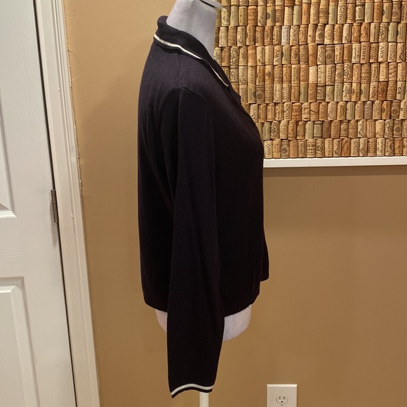 Ann Taylor Black Button Down Cardigan with White Stripes on Collar and Cuffs - Picture 8 of 15